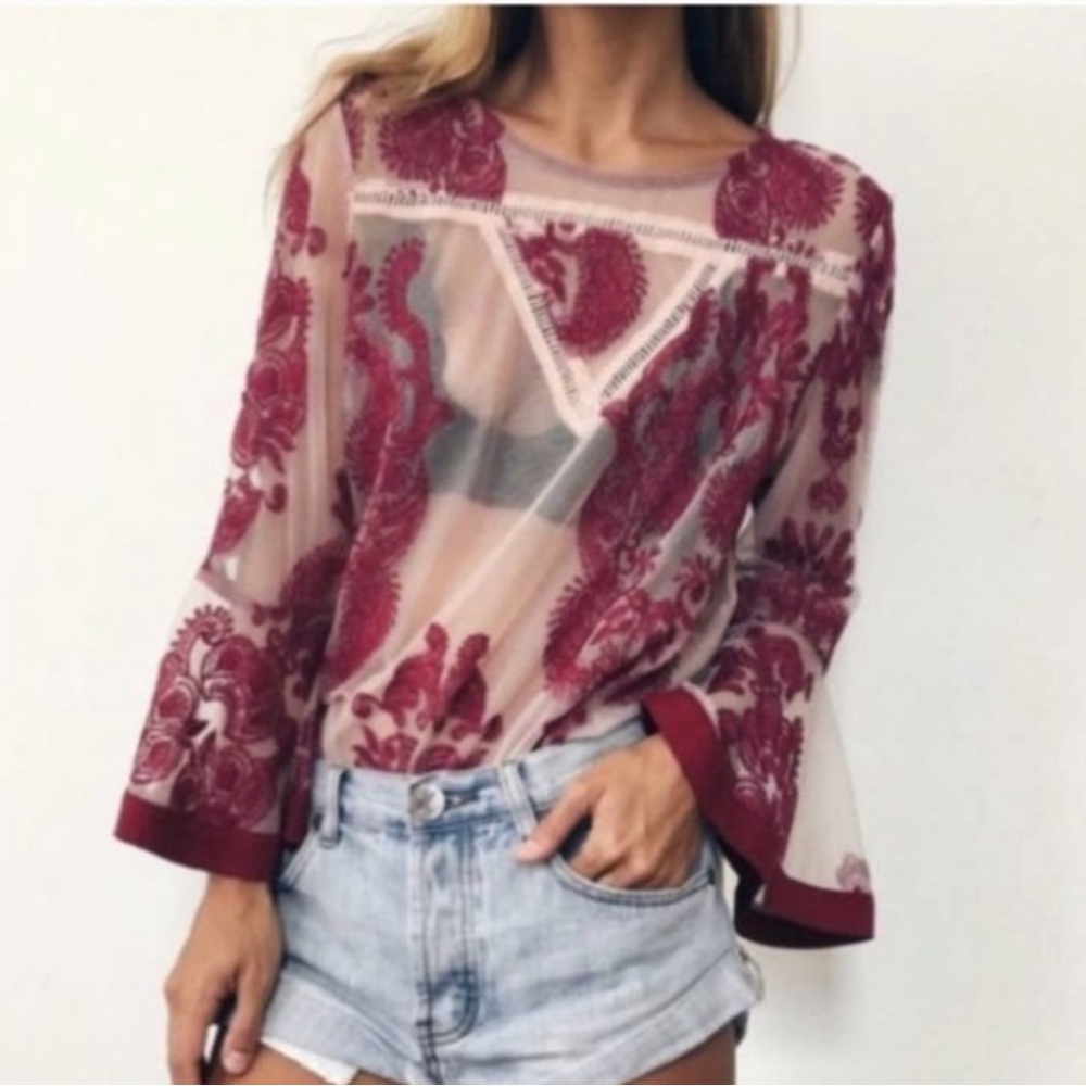 Anthropologie MINKPINK Burgundy Sheer Embroidered Bell Sleeve